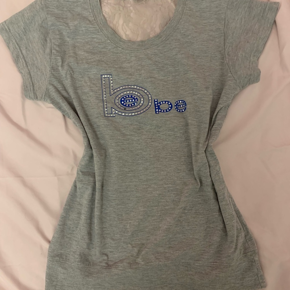 Bebe Gray Short Sleeve Tee with Blue Beaded Logo